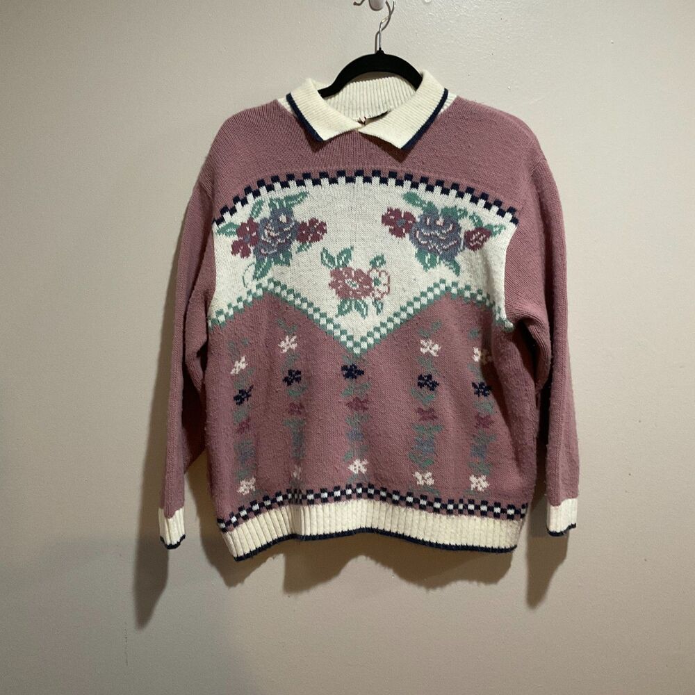 Vintage Grannycore Floral Pink Sweater, Large Cricket Lane USA Grandpa Cottage